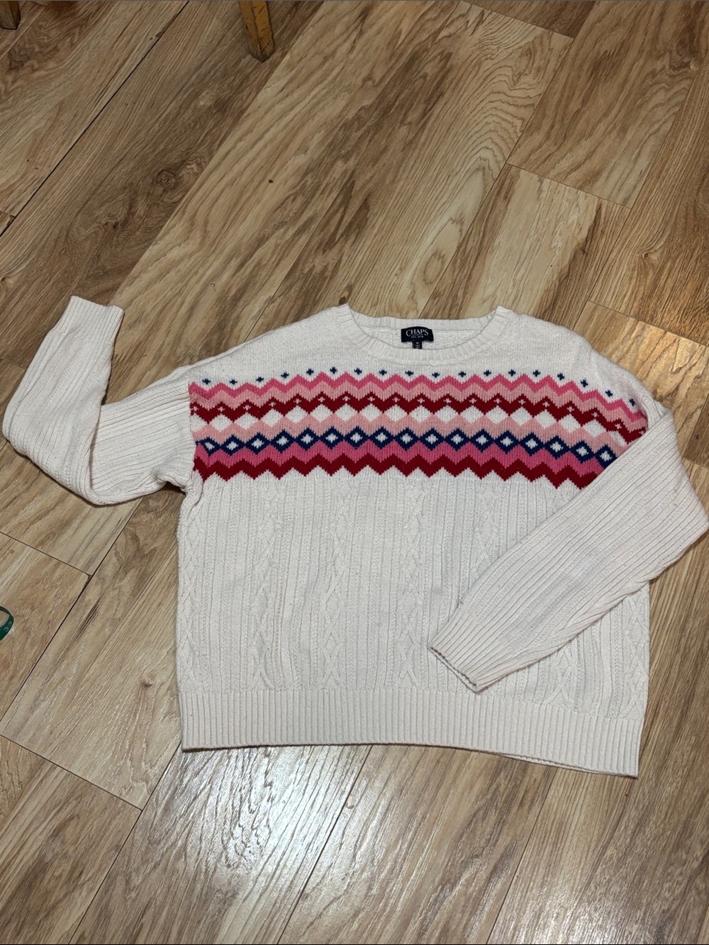 Chaps Cream Cable Knit Sweater with Pink, Red & Blue Fair Isle Pattern XL - Picture 2 of 6